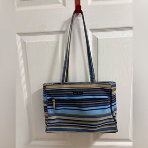 Kate Spade New York blue and brown striped tote bag with double zip pockets